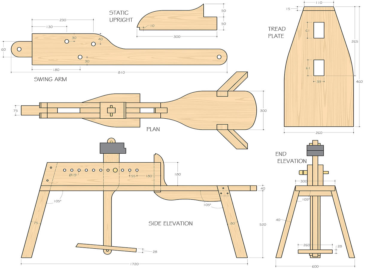 A detailed plan of the shave horse parts showing cuts, drill points and measurements in milimetres.
