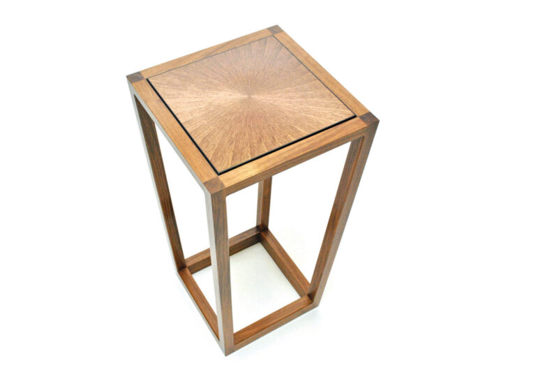 Wooden square side table with open frame design.