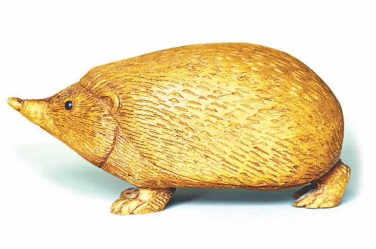 Wooden hedgehog figurine on a white background.