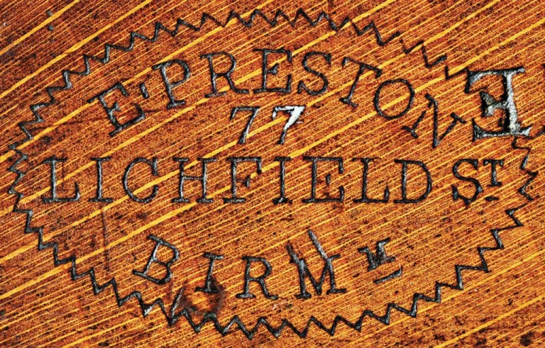 E. Preston Lichfield St. Birmingham stamp on wood.