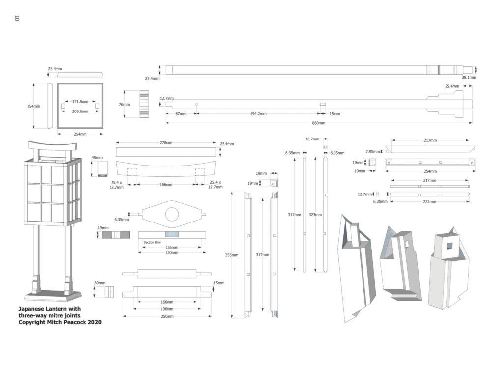 Blueprint of a traditional Japanese lantern with measurements.