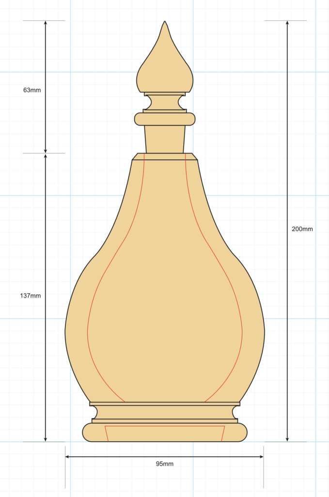 Blueprint of decorative chess piece, 200mm tall.