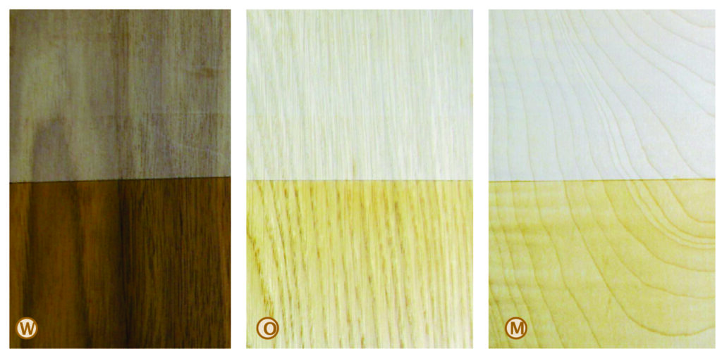 Various wood finish samples for comparison.