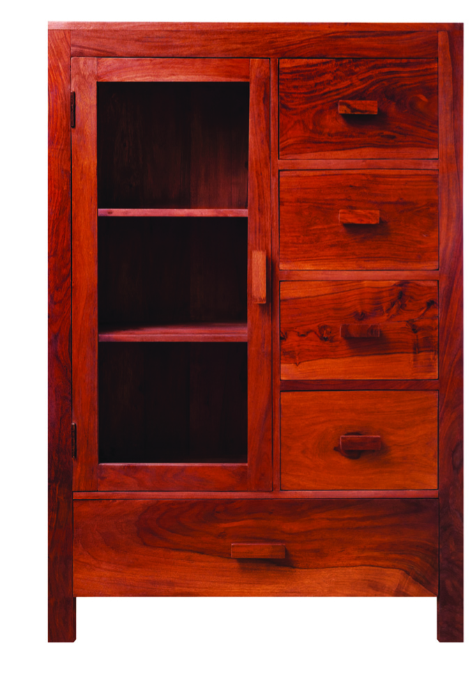 Wooden cabinet with shelves and drawers.
