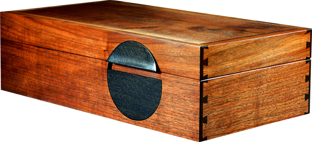 Wooden box with black circular handle