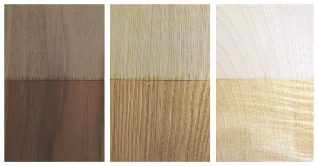Three panels of varying wood tones.