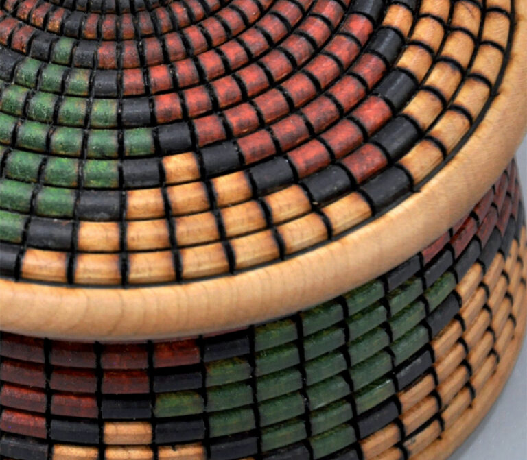 Colourful mosaic-patterned textured bowl lid close-up.