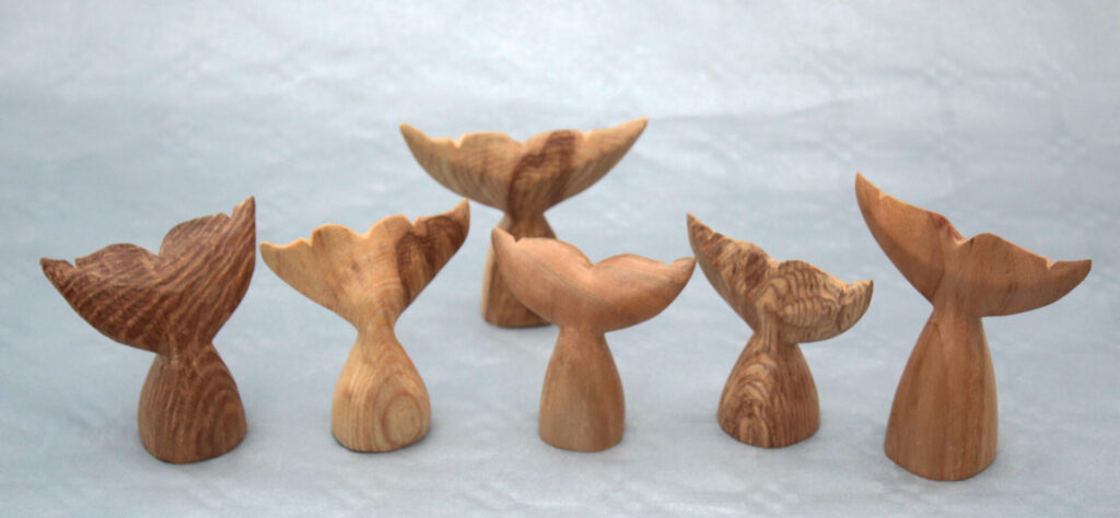 Six wooden whale tail sculptures on display