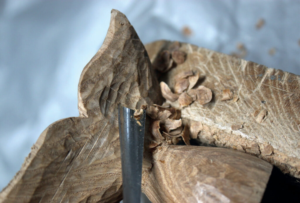 Close-up of wood carving with chisel and shavings.