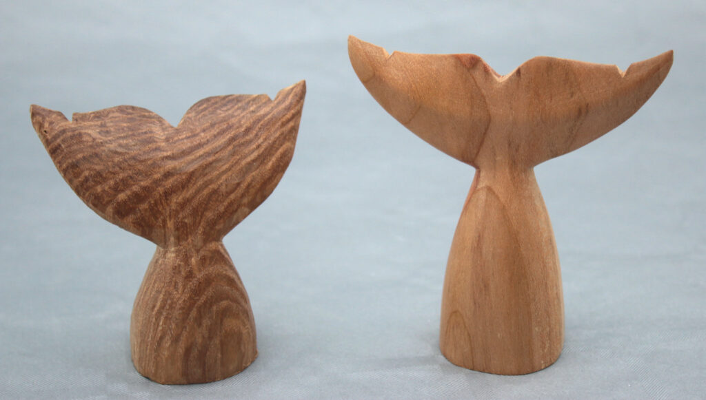 Two wooden whale tails displayed upright