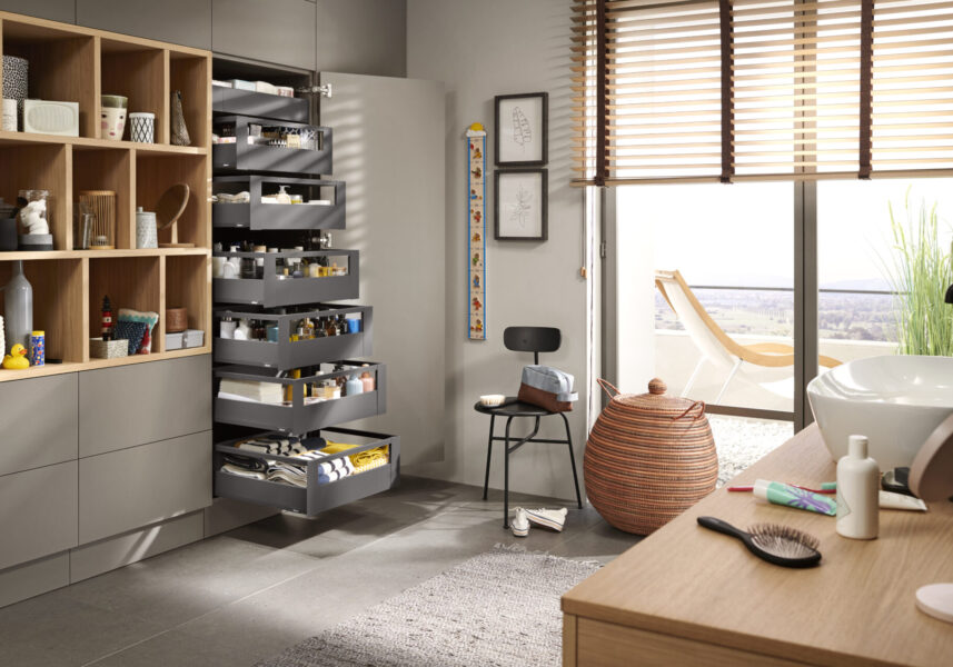 Modern bathroom with organised shelving and drawers