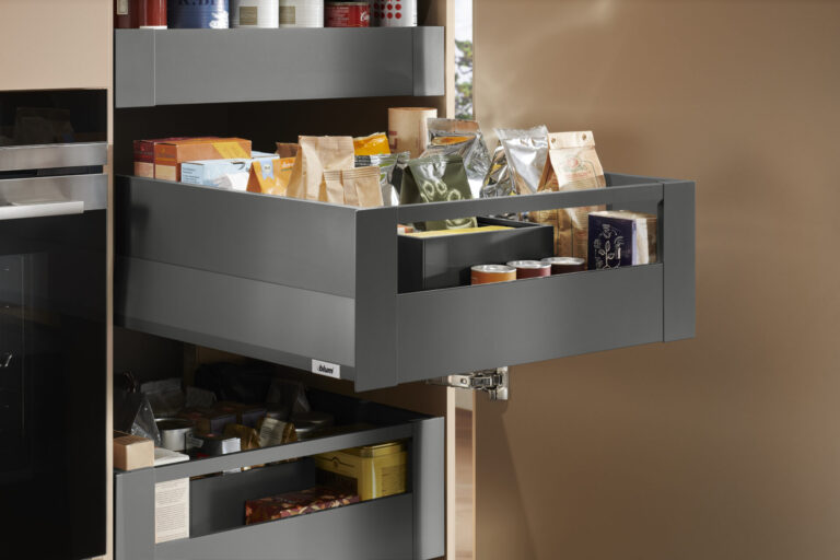 Kitchen drawers with organised food packages.
