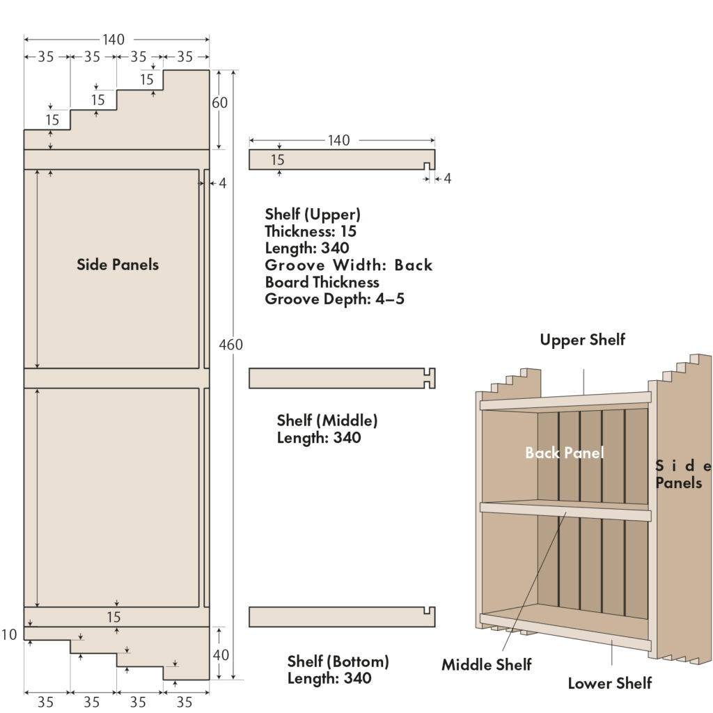 Wooden shelf blueprint with dimensions and components
