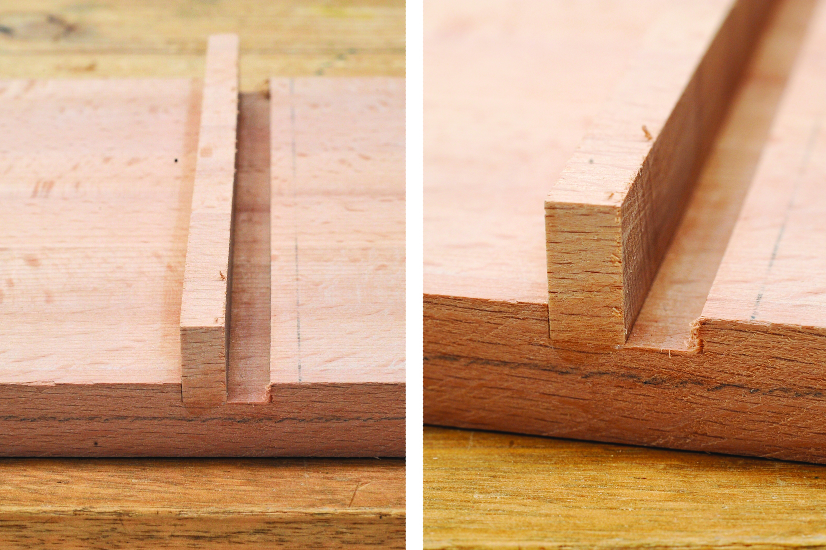 Woodworking rabbet joint on pine board