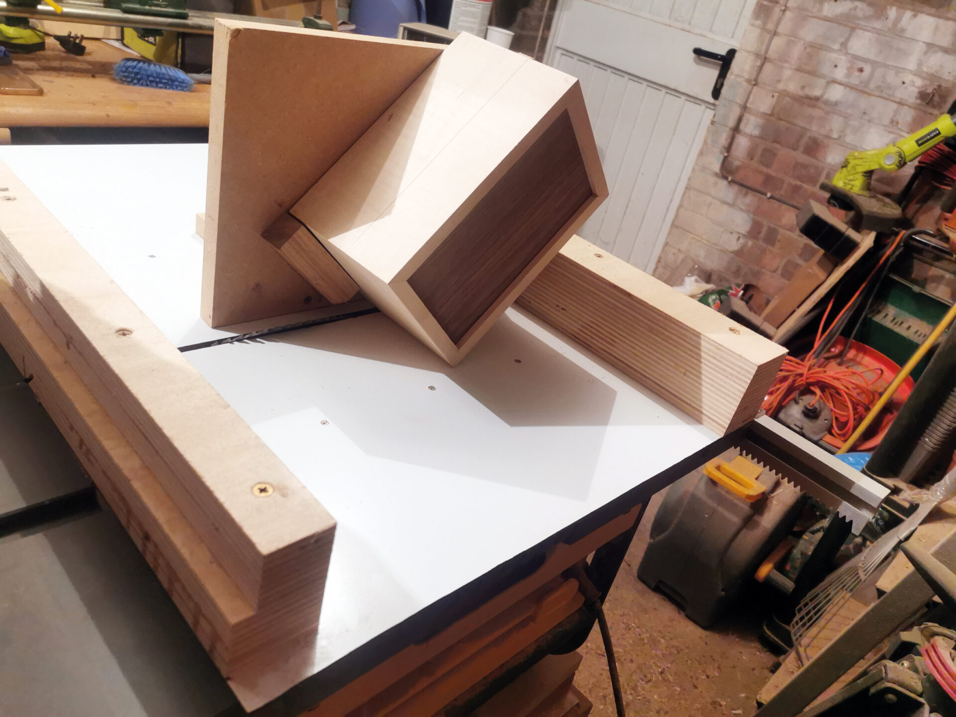 Woodworking jig setup in a workshop