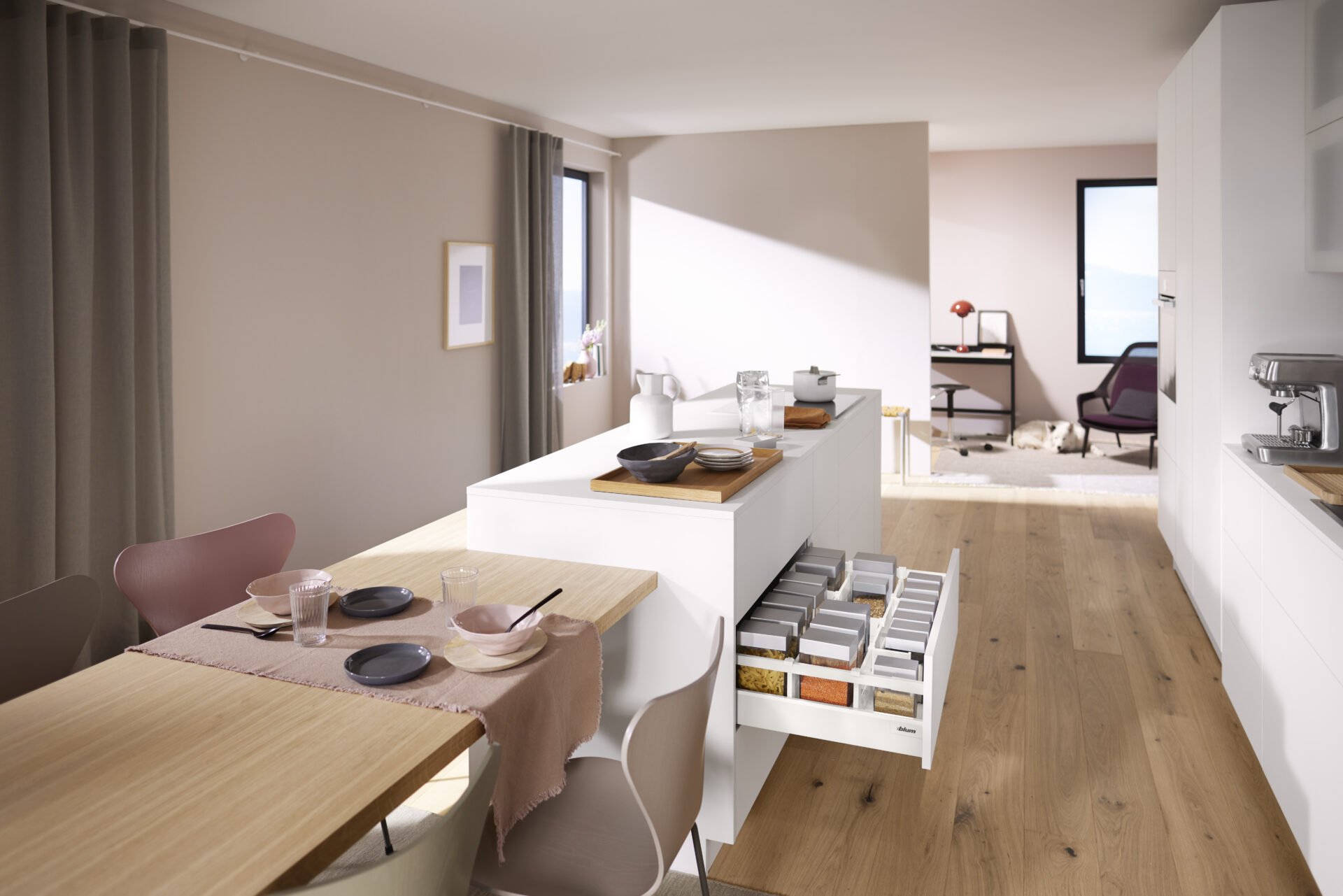 TANDEMBOX ME36568394_all_src Modern kitchen with open drawer and table setting.