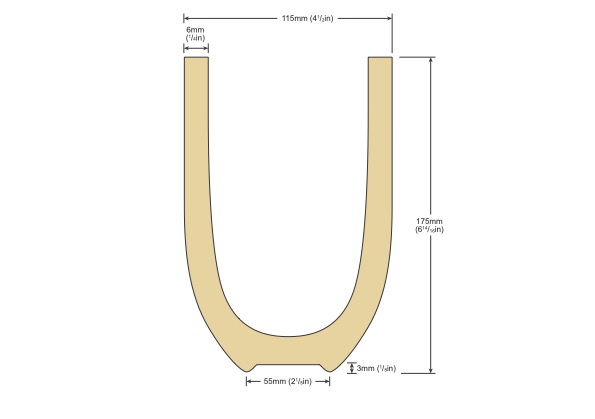 U-shaped wood piece with dimensions diagram.