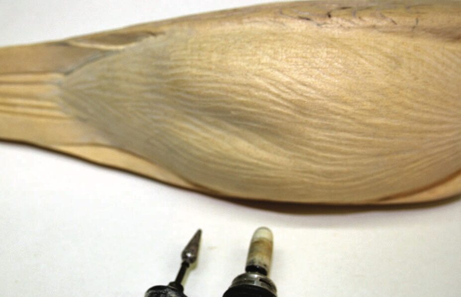 Carving tools next to a wood-bird sculpture