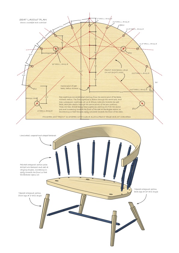 Chair design with detailed layout and dimensions.
