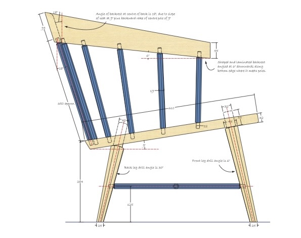 Wooden chair blueprint with detailed measurements.