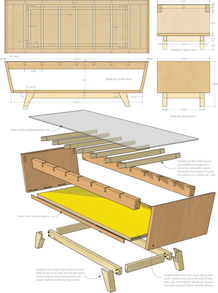Wooden table design schematic with glass top details.
