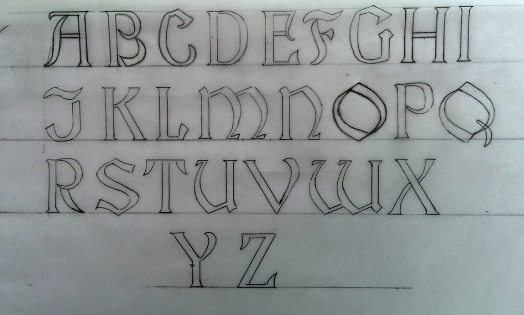 Sketch of uppercase stylised alphabet letters