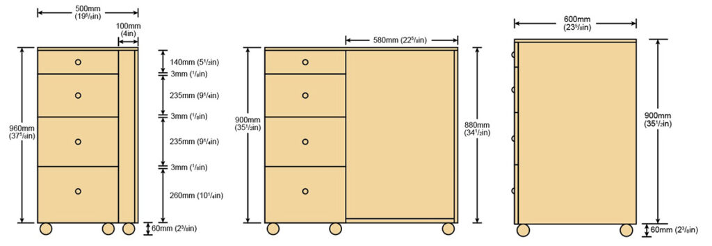 Three drawer cabinets with dimensions and wheels.