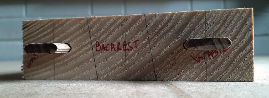 Wood joints with labels on a wooden block.