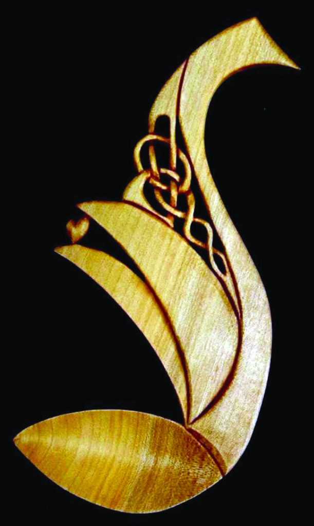 Intricate wooden Celtic knot design on black background.