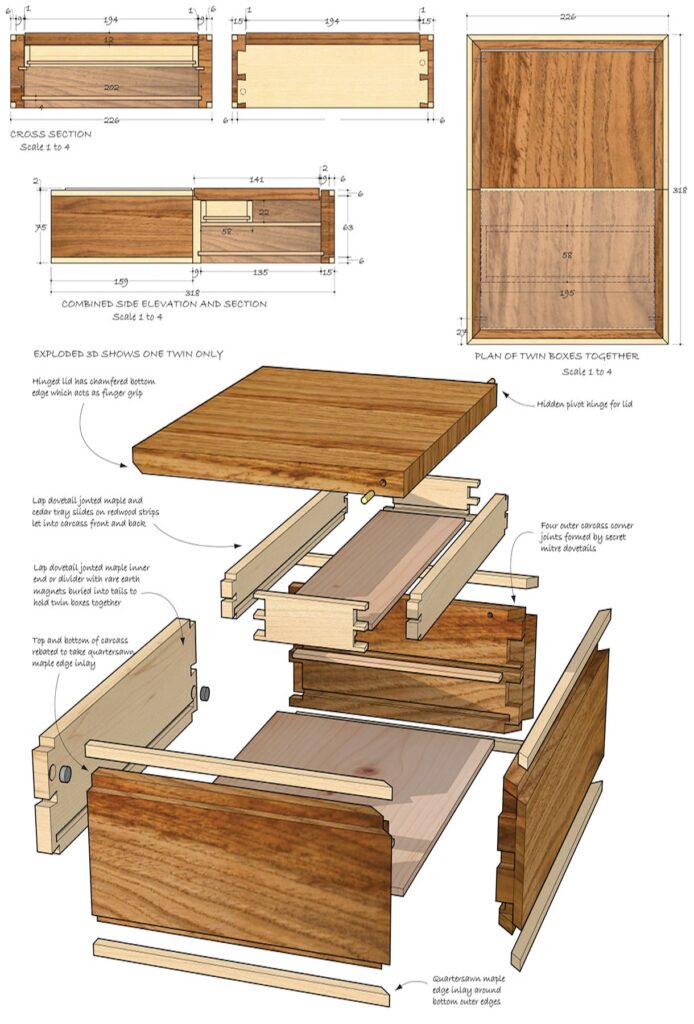 Wooden dovetail box design with assembly details.