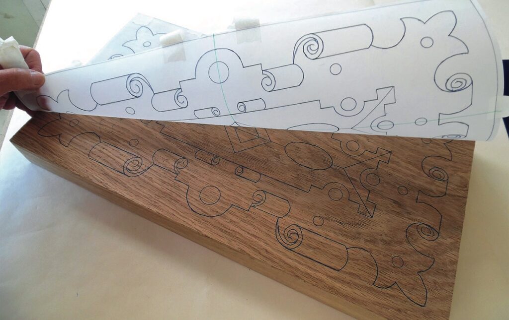 Wood carving design template on paper and wood.