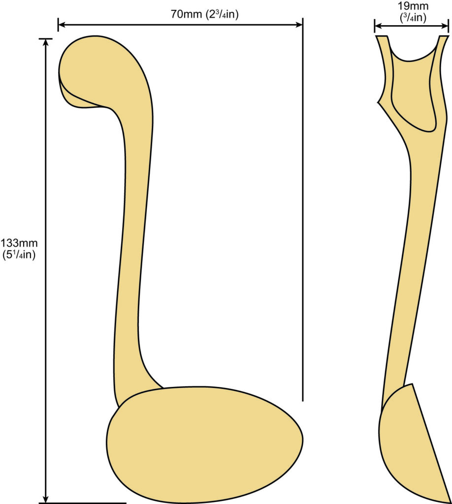Illustration of wooden spoon with dimensions.