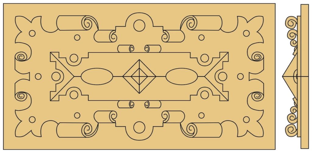 Abstract geometric pattern with scrolls and shapes.