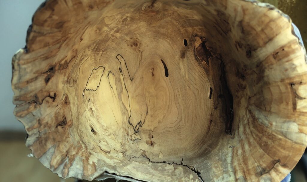 Close-up of wooden bowl interior with natural patterns.