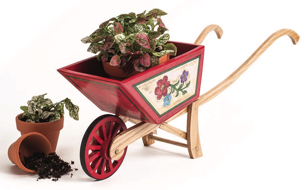 Decorative wheelbarrow with potted plants and soil