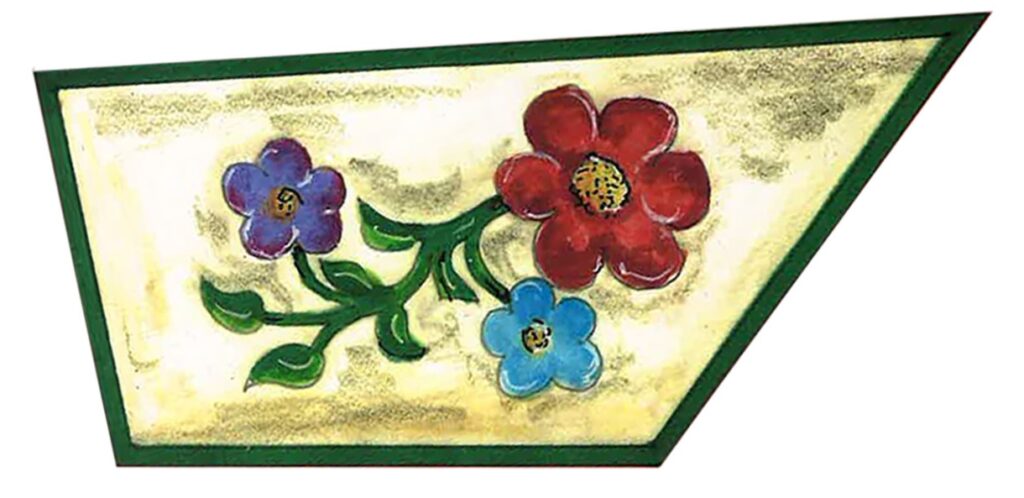 Painting of three flowers in triangular frame.