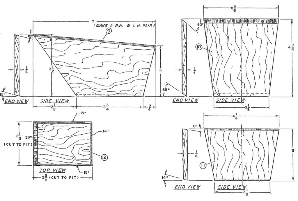 Carpentry technical drawings with measurements and angles.