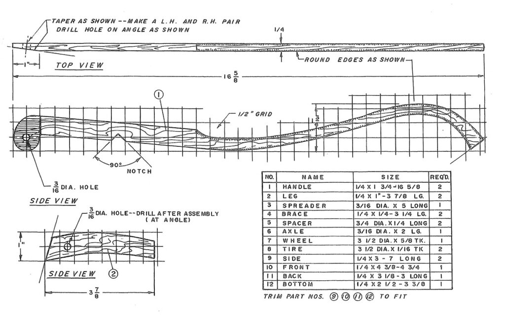 Wooden part assembly diagram with measurements and instructions.