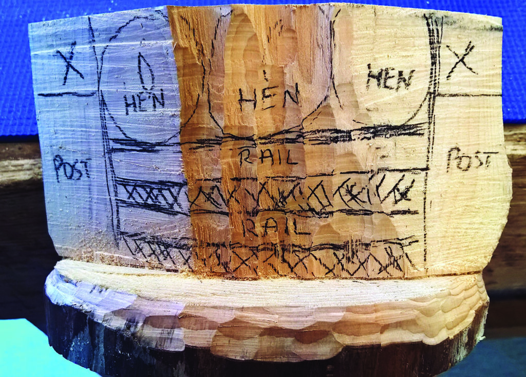 Wood carving plan with hen rail design.