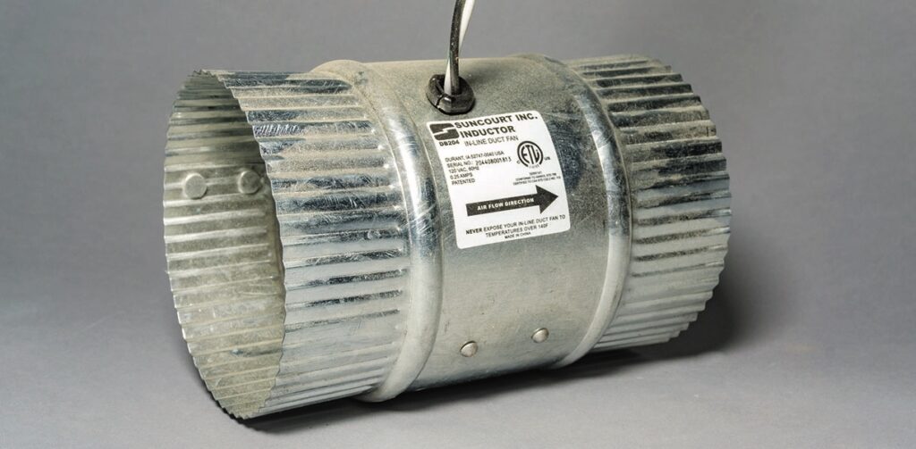 Metal inline duct fan with label.