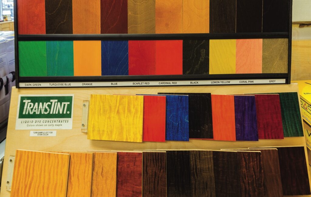 TransTint wood dye colour samples on display.