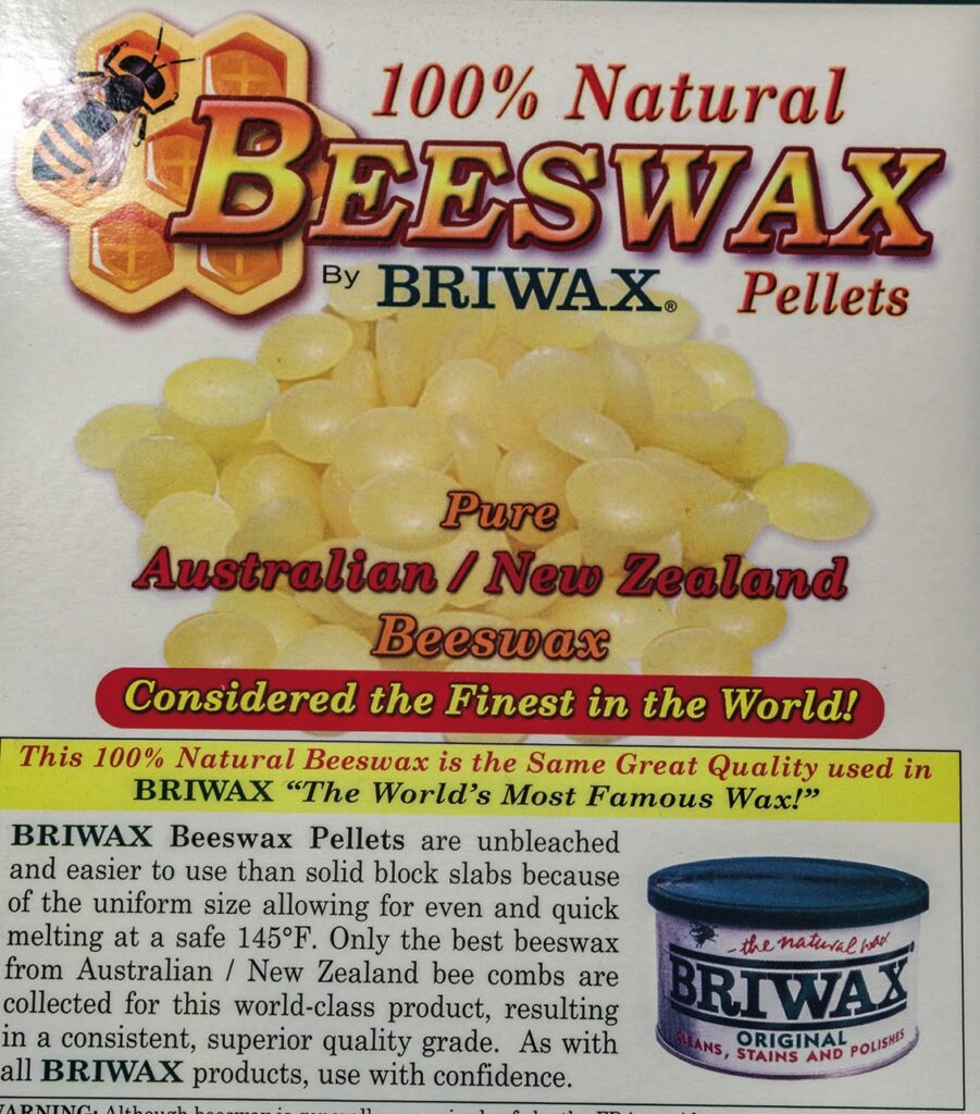 100% natural beeswax pellets by Briwax product label.
