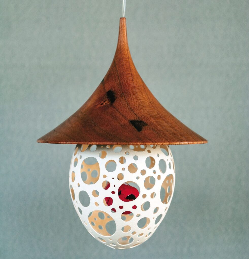 Hanging lamp with wooden and perforated design
