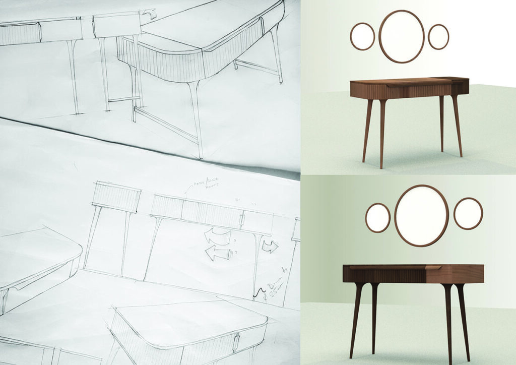 Furniture design sketches and wooden dressing table with mirrors.