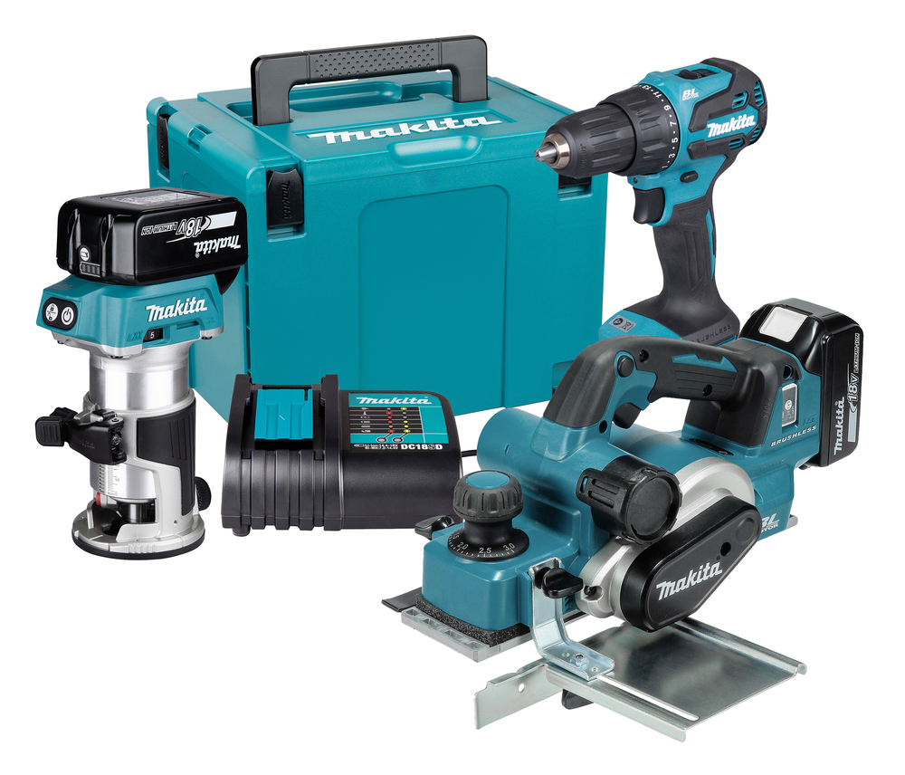 Power tool kit with drill, router, and charger.