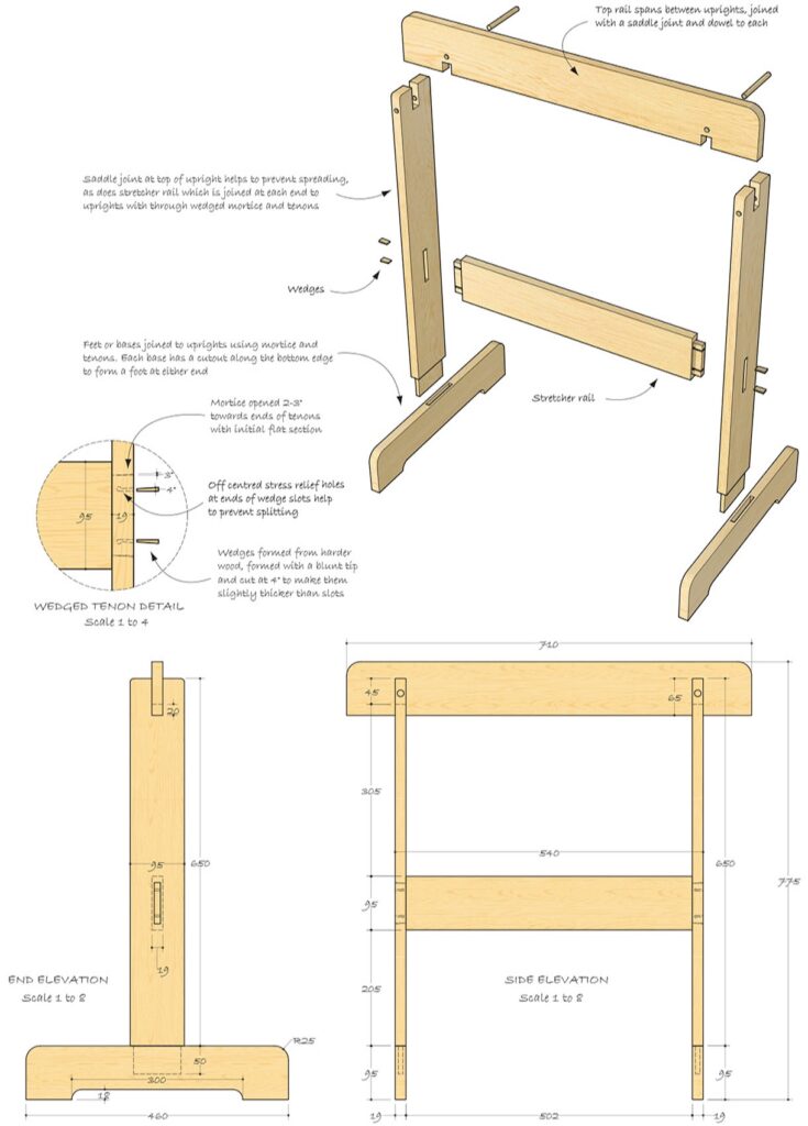 Wooden trestle table assembly with measurements and details.