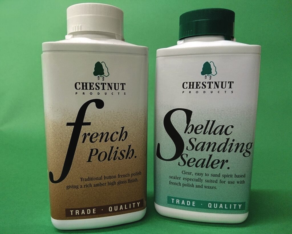 Chestnut French Polish and Shellac Sanding Sealer bottles.