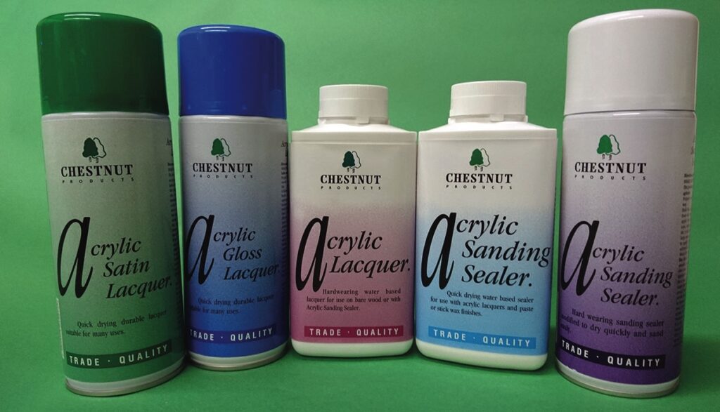 Chestnut Products acrylic finishes on green background.