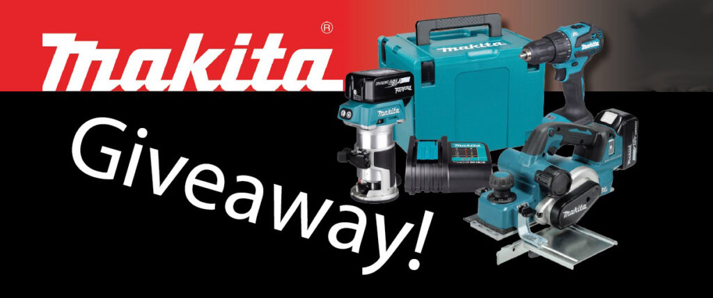Makita tool giveaway promotion with various products.