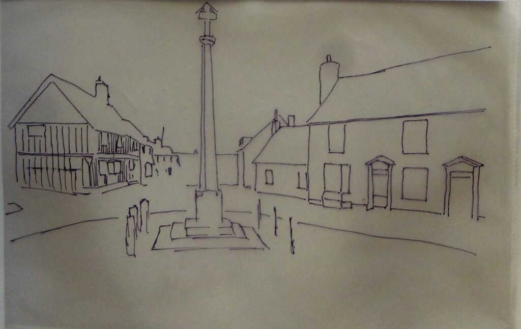 Sketch of village square and monument